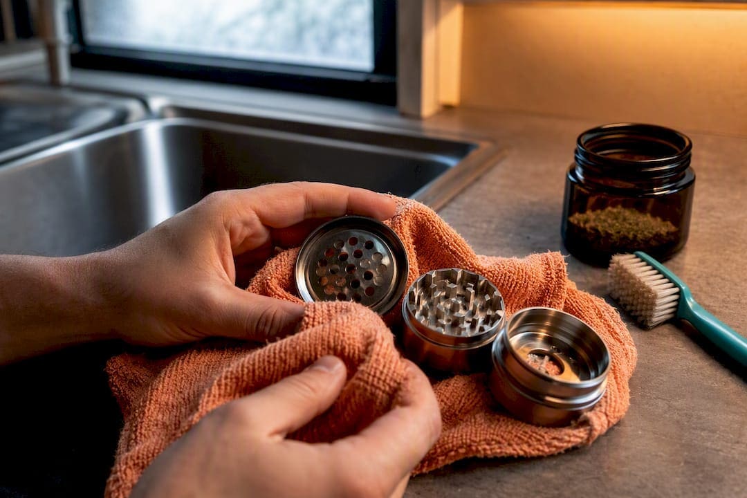 Hands drying cleaned grinder components