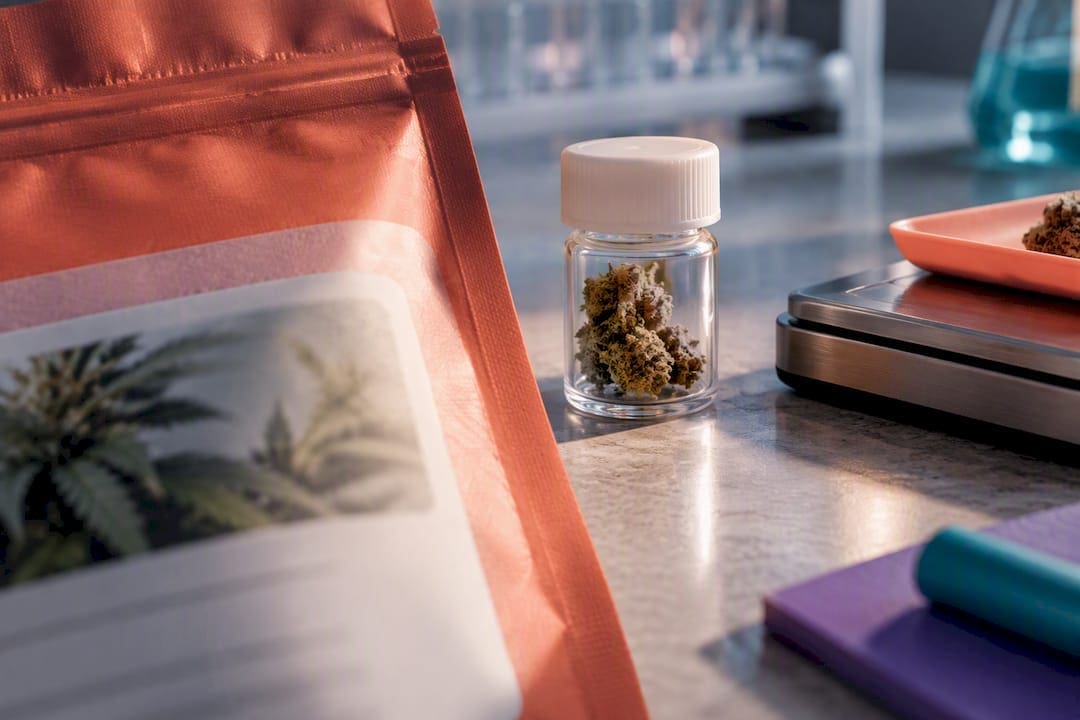 Anonymous cannabis label beside testing sample